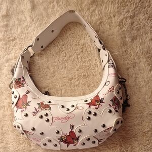 Ed Hardy White and Red Heart-Patterned Shoulder Bag